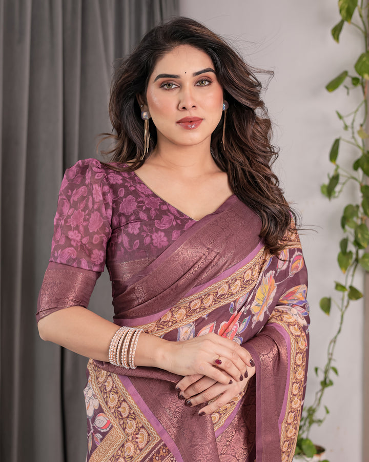 Plum Purple Handloom Linen Saree with Multicolor Floral Pallu & Antique Zari Border | 5.5m Saree + 0.8m Blouse with Tassels