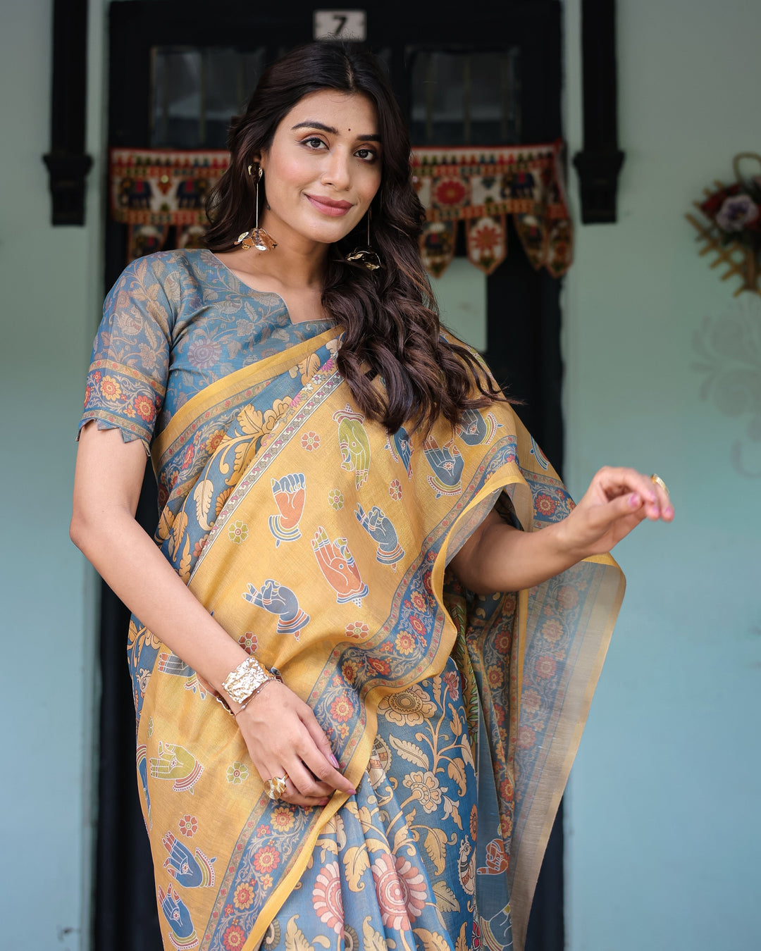 Mustard Blue Handloom Cotton Saree with Mudra Motifs & Goddess Saraswati Pallu