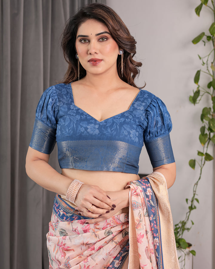 Ivory Pink Handloom Linen Saree with Multicolor Botanical Print & Navy Blue Pallu | Gold Zari Border & Tassel Detailing | 5.5m Saree + 0.8m Blouse