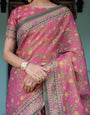 Rani Pink Handloom Cotton Saree with Yellow Floral Print & Royal Horse Pallu