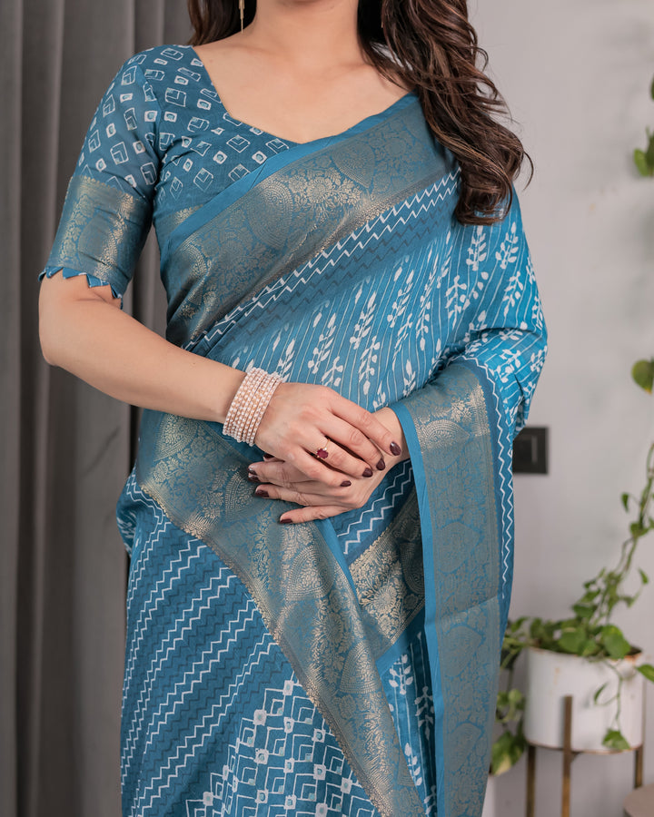 Teal Blue Handloom Linen Saree with White Ethnic Motifs & Zari Border | Artistic Pallu & Tassel Finish | 5.5m Saree + 0.8m Blouse