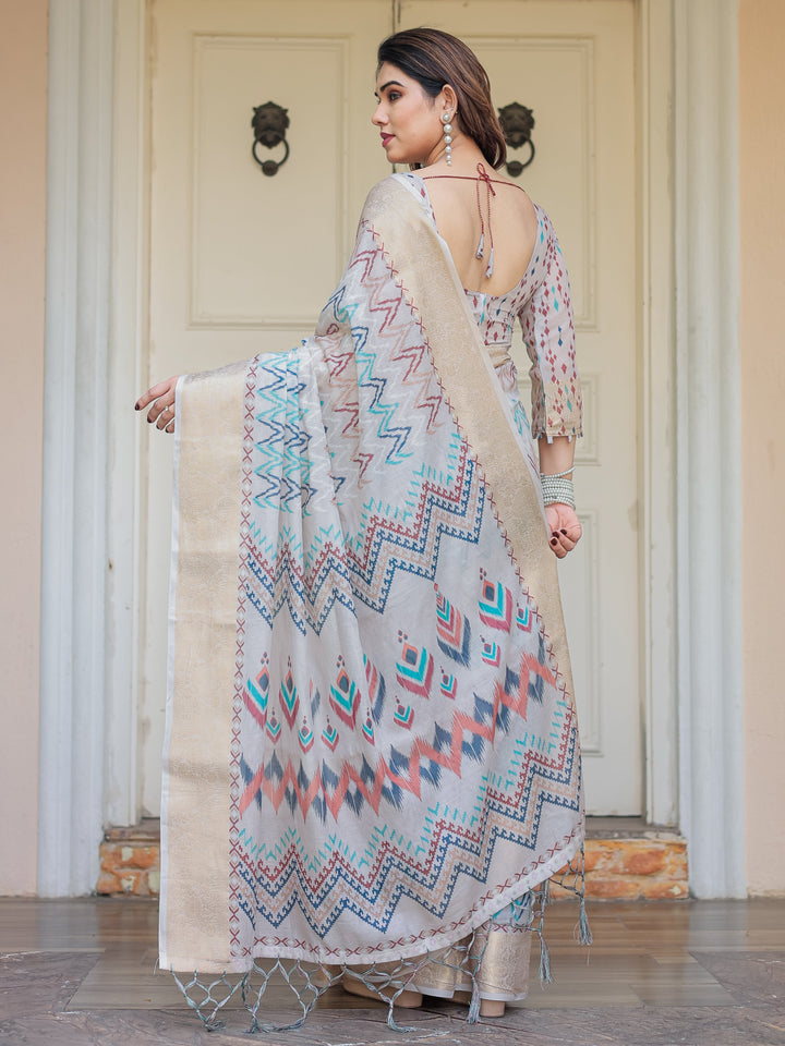 Beige Multicolour Tribal Printed Handloom Cotton Saree with Woven Zari Border & Ethnic Pallu