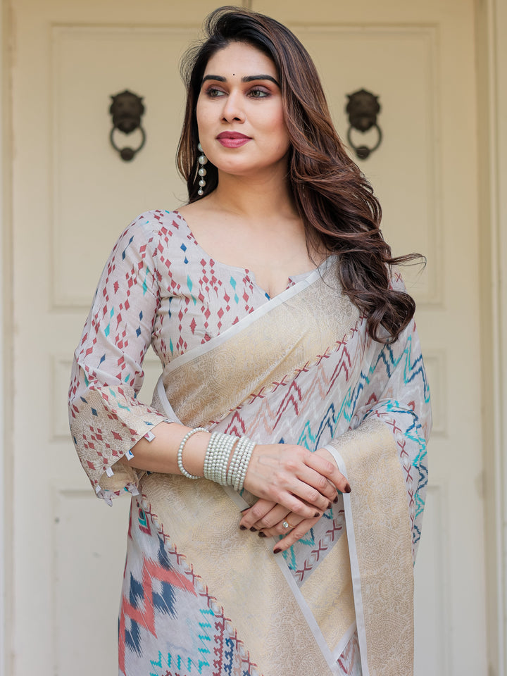 Beige Multicolour Tribal Printed Handloom Cotton Saree with Woven Zari Border & Ethnic Pallu