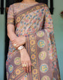 Mauve Beige Handloom Cotton Saree with Pastel Floral Print & Royal Tree-Elephant Pallu