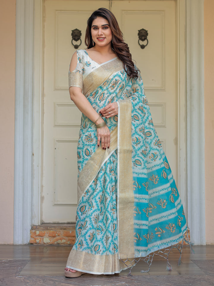 Turquoise Blue Handloom Cotton Printed Saree with Zari Border & Tassel Detailing – Traditional Ethnic Wear