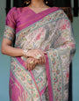 Lavender Beige Handloom Cotton Saree with Floral Vine Print & Majestic Peacock Pallu
