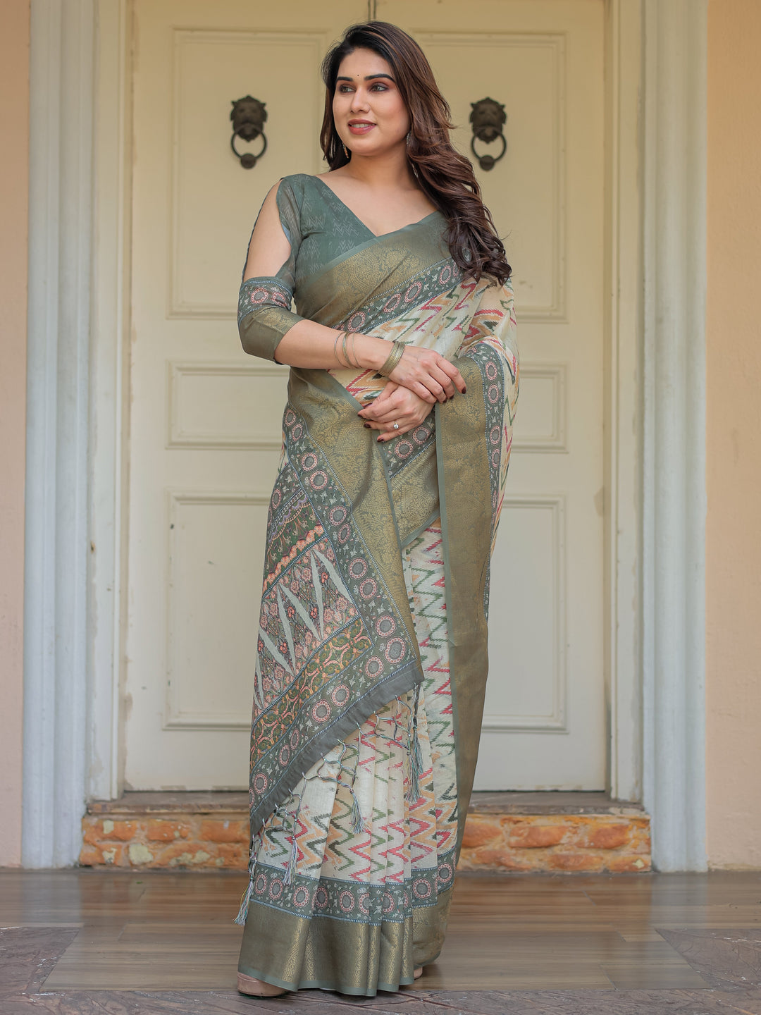 Olive Green Ikat & Ethnic Printed Handloom Cotton Saree with Rich Zari Border & Traditional Pallu