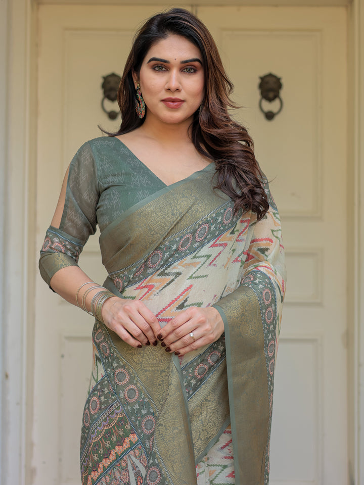 Olive Green Ikat & Ethnic Printed Handloom Cotton Saree with Rich Zari Border & Traditional Pallu