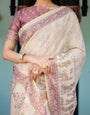 Beige Mauve Handloom Cotton Saree with Subtle Ramayan Print and Heritage Motif Pallu