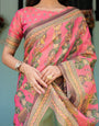 Coral Pink Handloom Cotton Saree with Traditional Folk Procession Print & Classical Dance Pallu