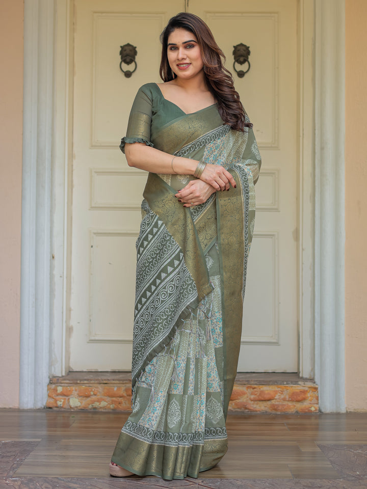 Sage Green Traditional Printed Handloom Cotton Saree with Rich Zari Border & Heritage Pallu
