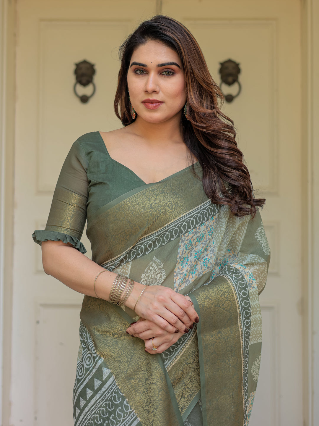 Sage Green Traditional Printed Handloom Cotton Saree with Rich Zari Border & Heritage Pallu