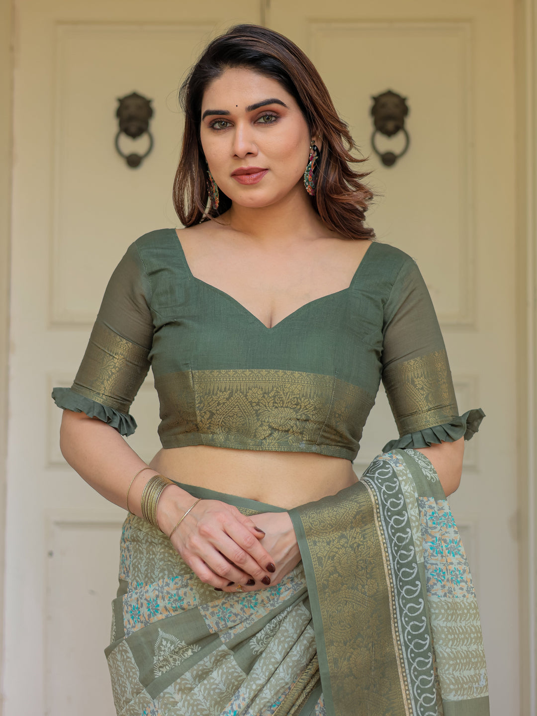 Sage Green Traditional Printed Handloom Cotton Saree with Rich Zari Border & Heritage Pallu