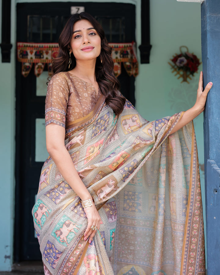 Coffee Brown Handloom Cotton Saree with Classical Art & Sacred Cow Pallu