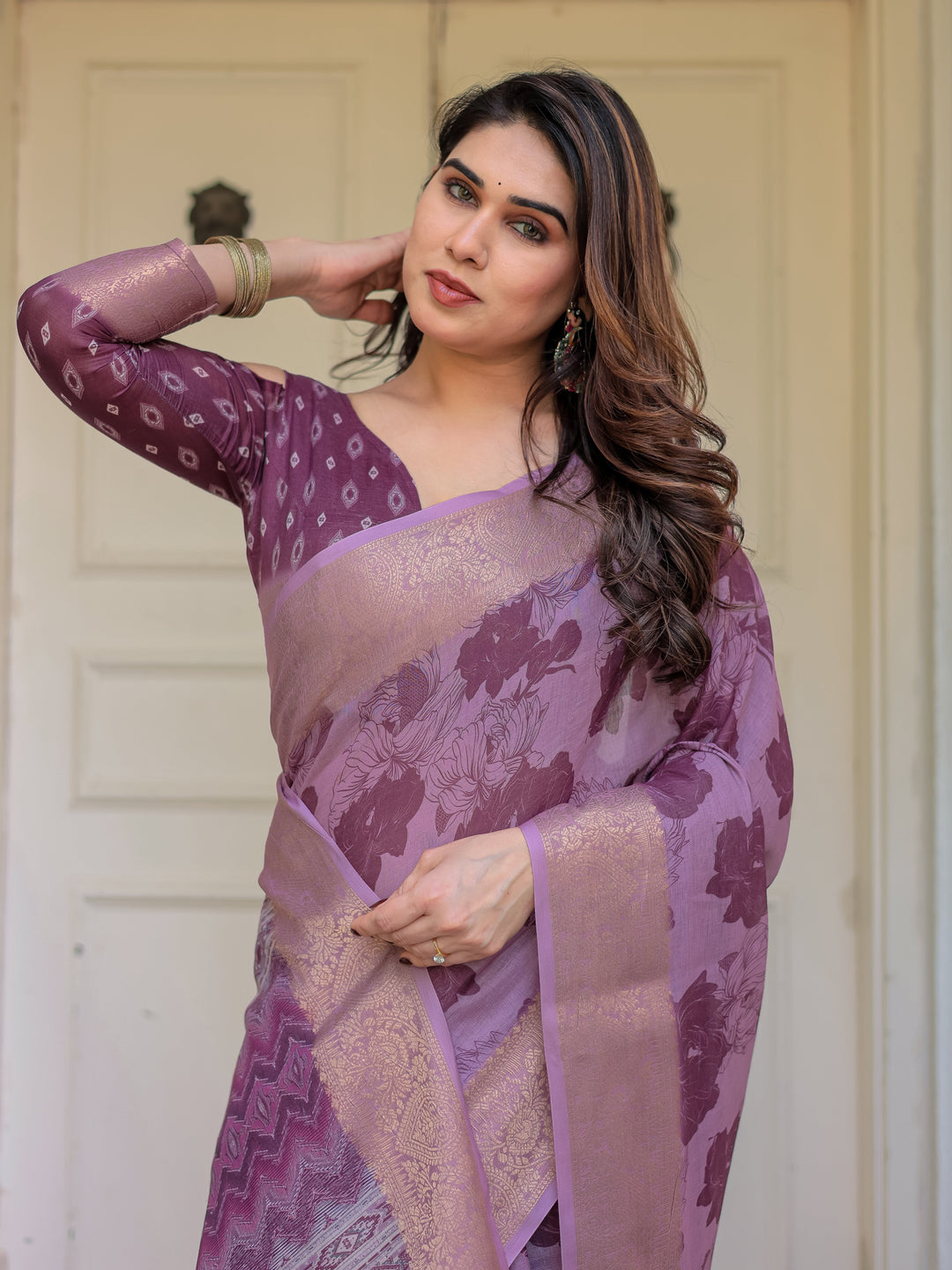 Wine Purple Handloom Cotton Floral Printed Saree with Zari Border & Tassels – Traditional Festive Wear
