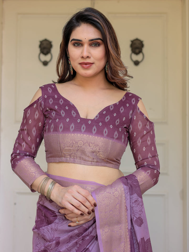 Wine Purple Handloom Cotton Floral Printed Saree with Zari Border & Tassels – Traditional Festive Wear