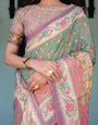 Green Lavender Handloom Cotton Saree with Floral Vines & Heritage Village Pallu