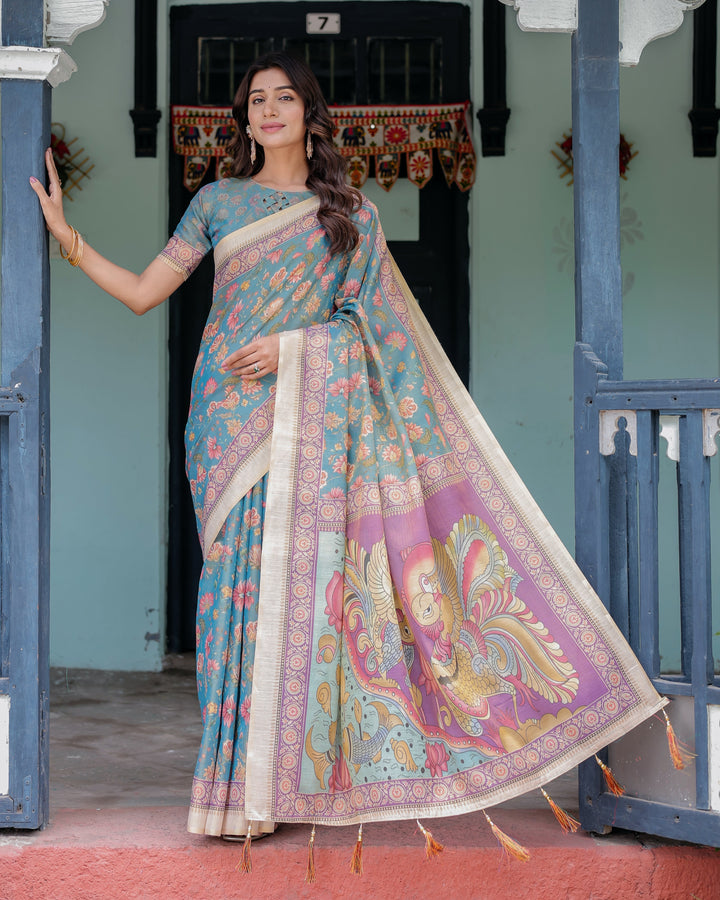 Aqua Blue Handloom Cotton Saree with Multicolor Floral Print & Royal Simha-Pakshi Pallu