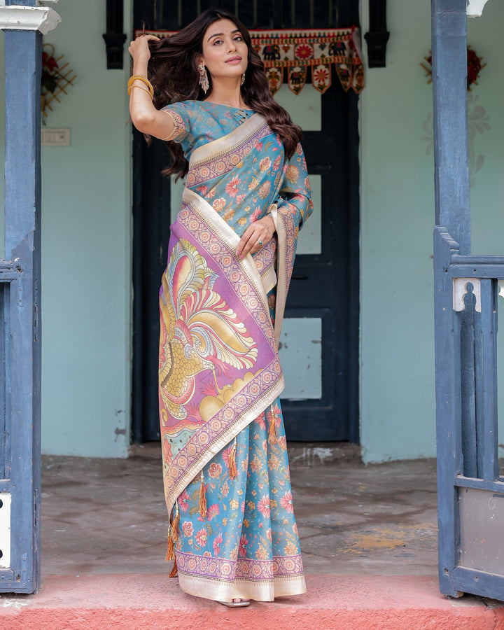 Aqua Blue Handloom Cotton Saree with Multicolor Floral Print & Royal Simha-Pakshi Pallu