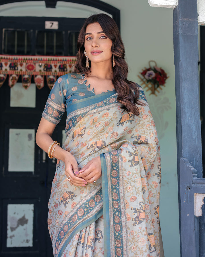 Icy Blue Handloom Cotton Saree with Peach Elephant Motifs & Royal Procession Pallu