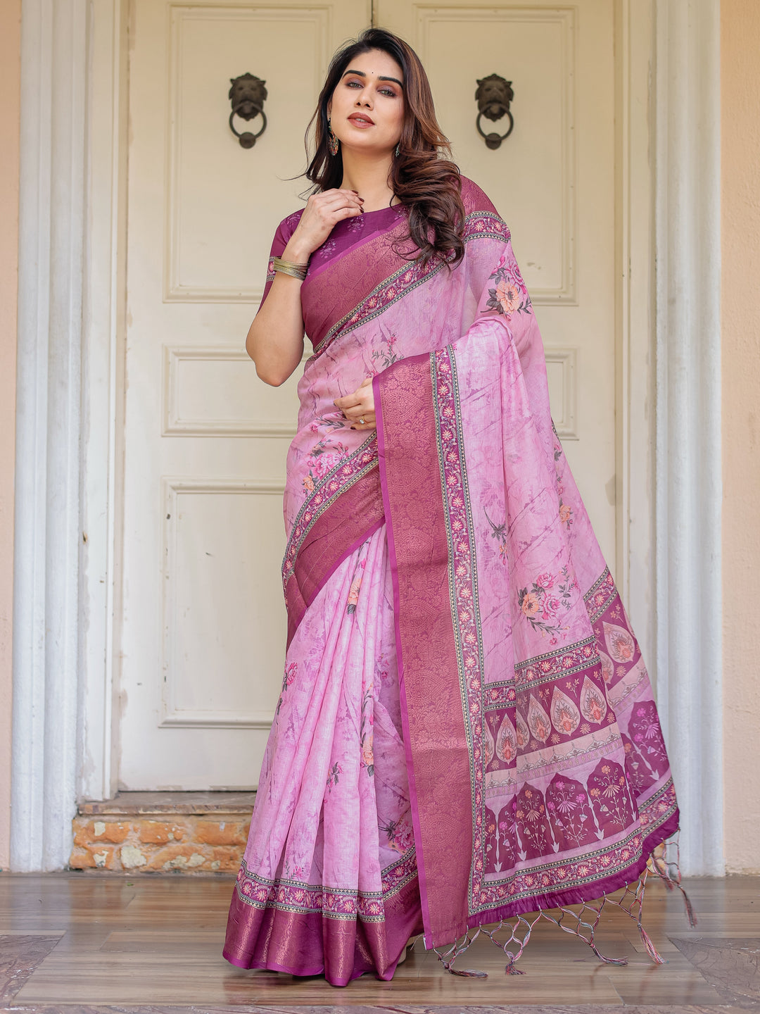 Rose Pink & Magenta Handloom Cotton Floral Printed Saree with Zari Border & Tassels – Traditional Ethnic Wear