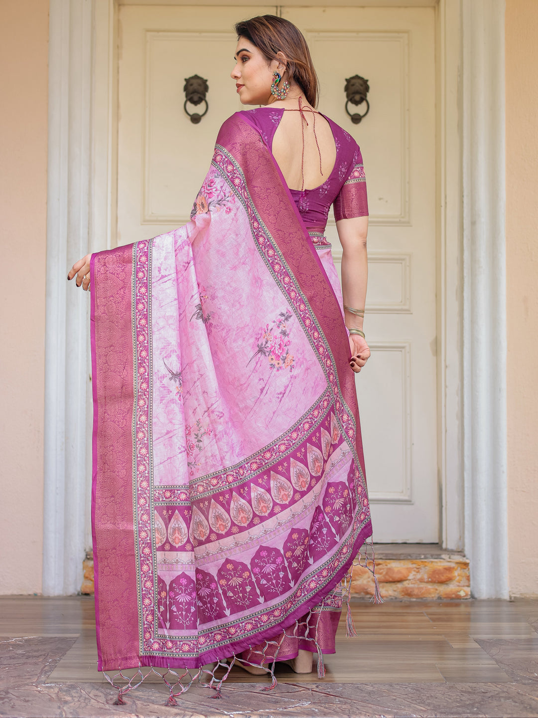 Rose Pink & Magenta Handloom Cotton Floral Printed Saree with Zari Border & Tassels – Traditional Ethnic Wear