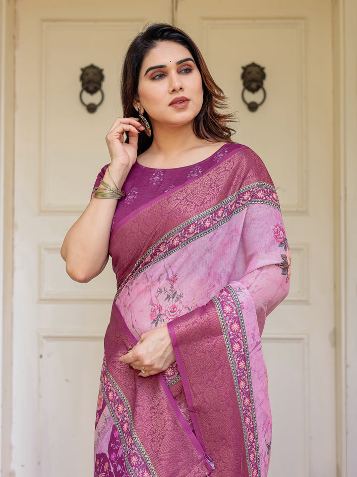 Rose Pink & Magenta Handloom Cotton Floral Printed Saree with Zari Border & Tassels – Traditional Ethnic Wear