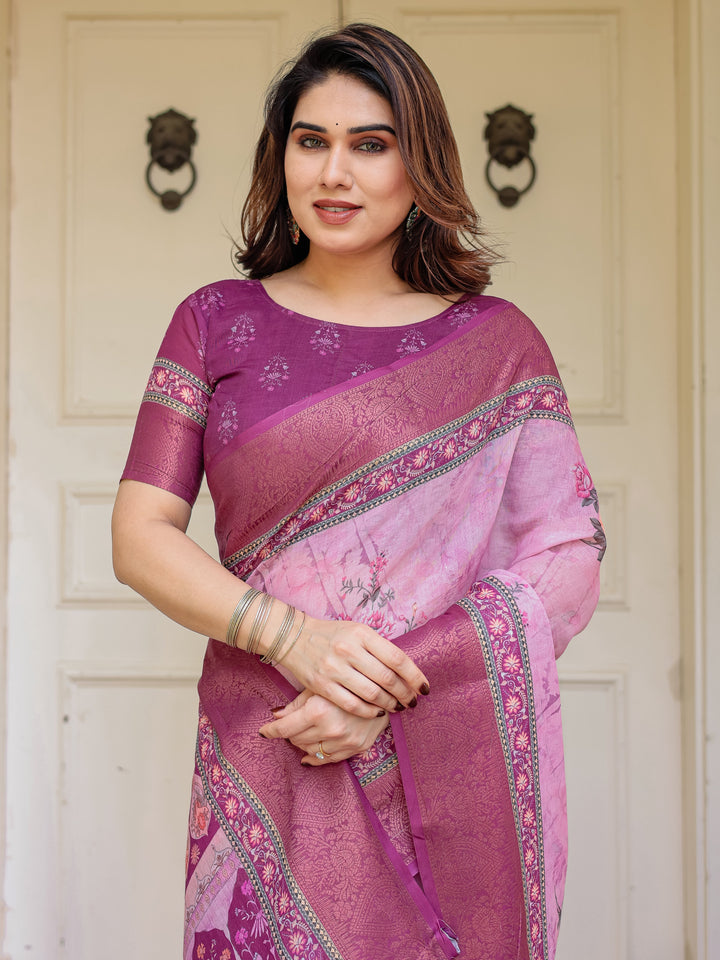 Rose Pink & Magenta Handloom Cotton Floral Printed Saree with Zari Border & Tassels – Traditional Ethnic Wear
