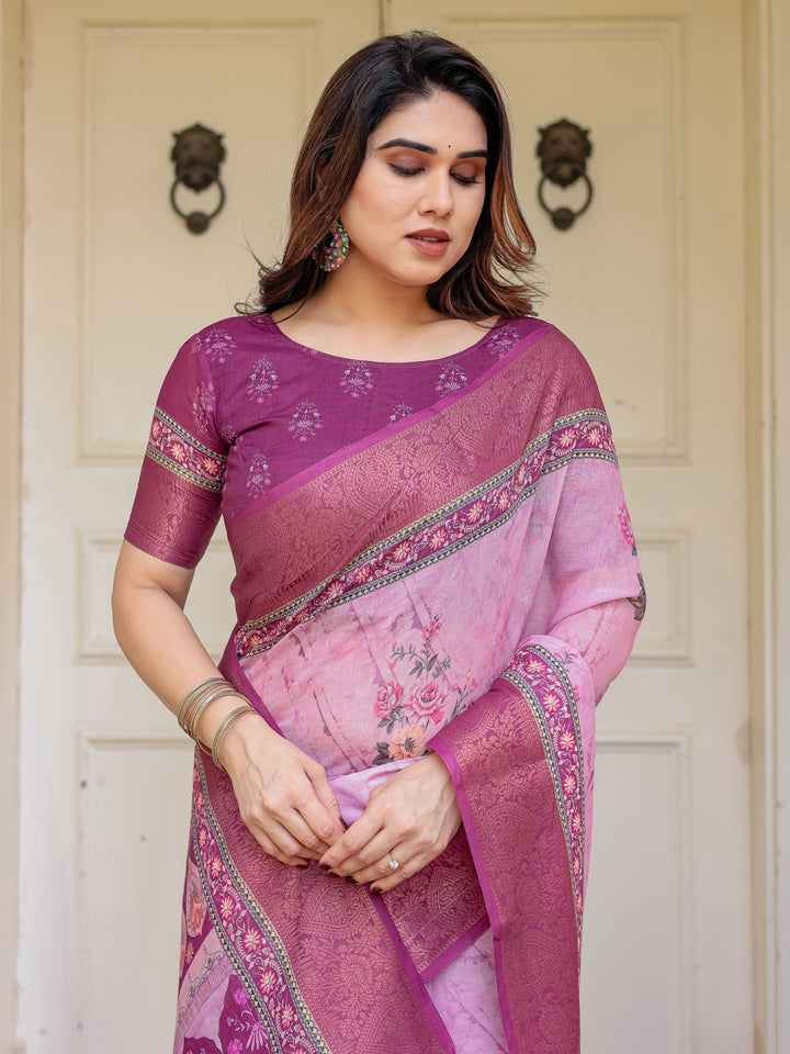 Rose Pink & Magenta Handloom Cotton Floral Printed Saree with Zari Border & Tassels – Traditional Ethnic Wear