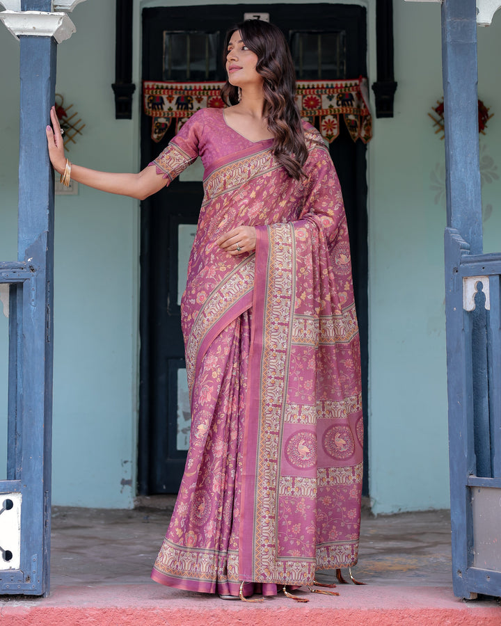 Plum Rose Handloom Cotton Saree with Floral Buttas & Traditional Peacock Medallion Pallu