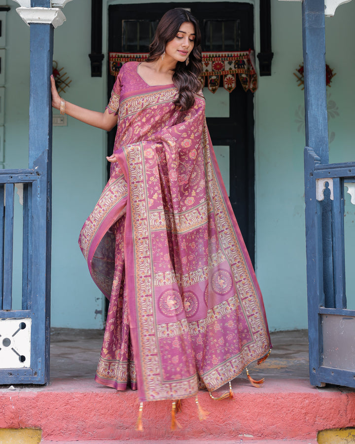 Plum Rose Handloom Cotton Saree with Floral Buttas & Traditional Peacock Medallion Pallu