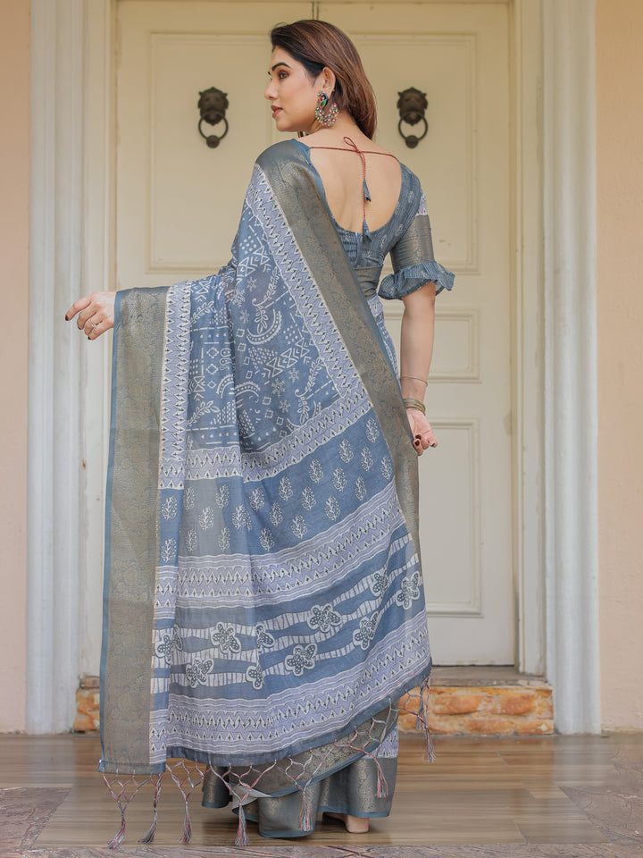 Slate Grey Handloom Cotton Ethnic Printed Saree with Zari Border & Tassels – Classic Traditional Wear
