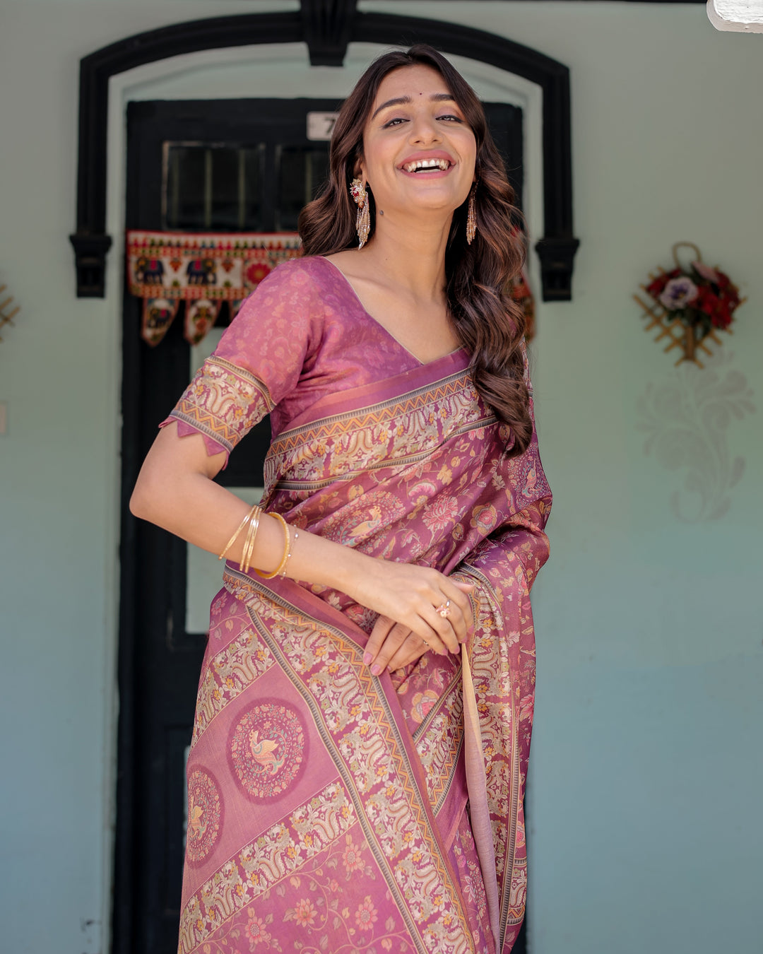 Plum Rose Handloom Cotton Saree with Floral Buttas & Traditional Peacock Medallion Pallu