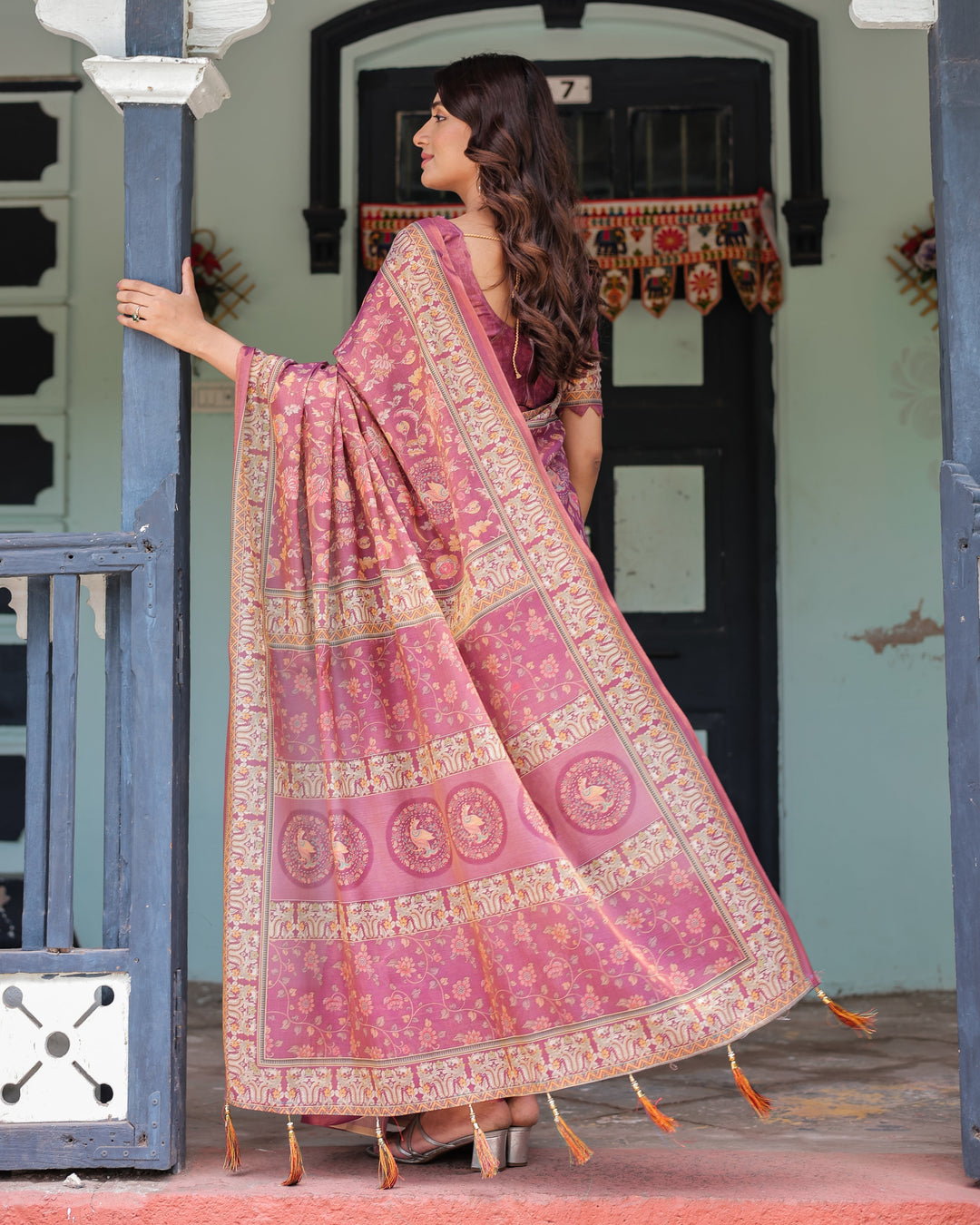 Plum Rose Handloom Cotton Saree with Floral Buttas & Traditional Peacock Medallion Pallu