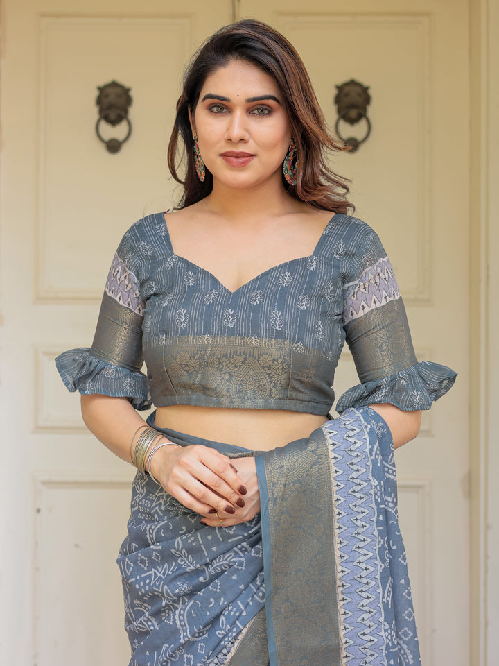 Slate Grey Handloom Cotton Ethnic Printed Saree with Zari Border & Tassels – Classic Traditional Wear