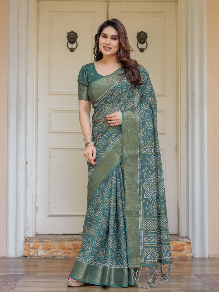 Bottle Green Handloom Cotton Bandhani Inspired Printed Saree with Zari Border & Tassels – Traditional Ethnic Wear