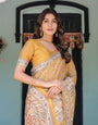 Golden Mustard Handloom Cotton Saree with Floral Vines & Graceful Deer Pallu