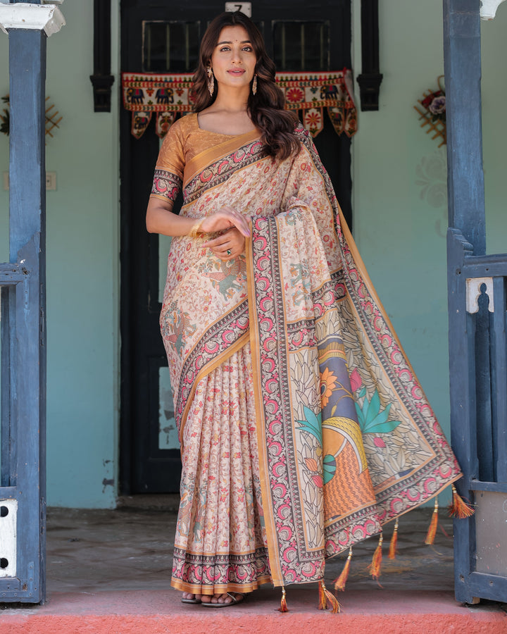 Beige & Maroon Handloom Cotton Saree with Floral Vine Print & Mythical Madhubani Cow Pallu