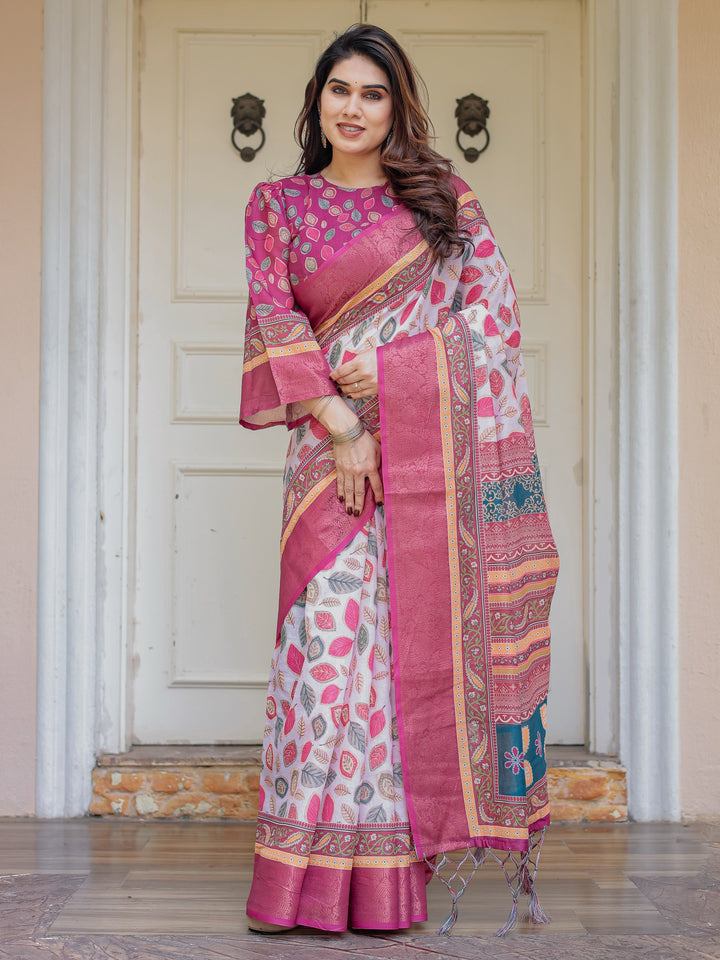 Off-White & Rani Pink Handloom Cotton Leaf Printed Saree with Zari Border & Tassels – Traditional Ethnic Wear