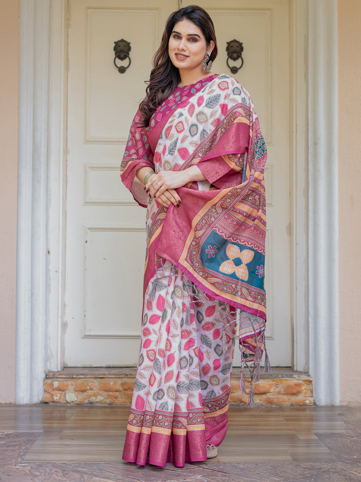 Off-White & Rani Pink Handloom Cotton Leaf Printed Saree with Zari Border & Tassels – Traditional Ethnic Wear