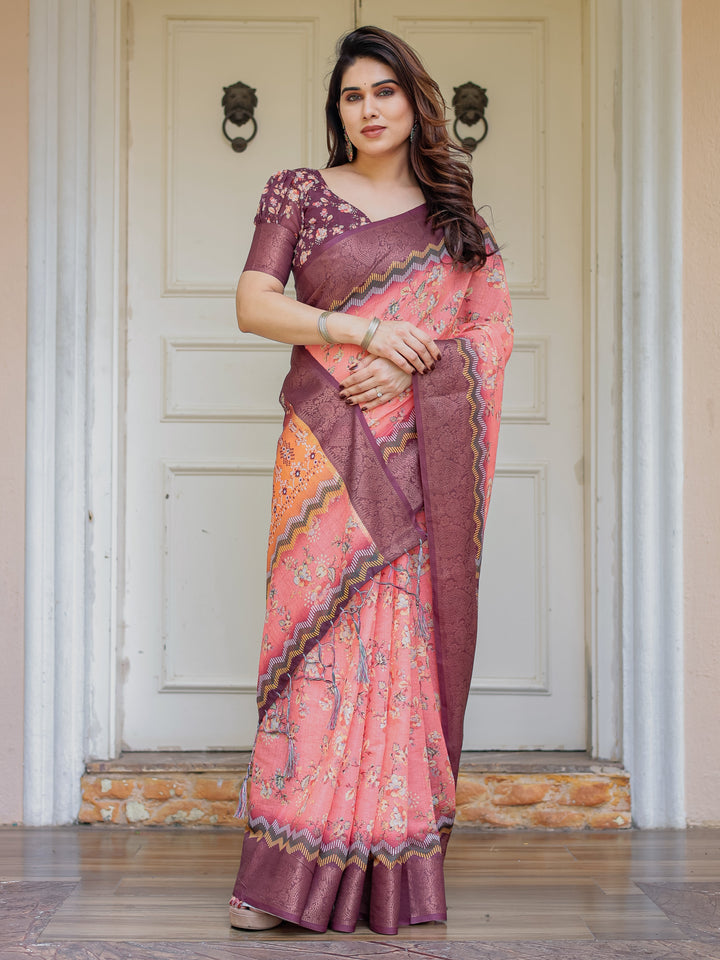 Peach Coral & Maroon Handloom Cotton Floral Printed Saree with Zari Border & Tassels – Festive Traditional Wear