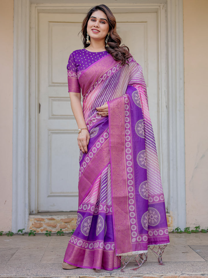 Royal Purple & Rani Pink Dual Tone Silk Saree with Gold Zari Circular Motifs, Striped Pallu & Tassels – Festive Traditional Wear