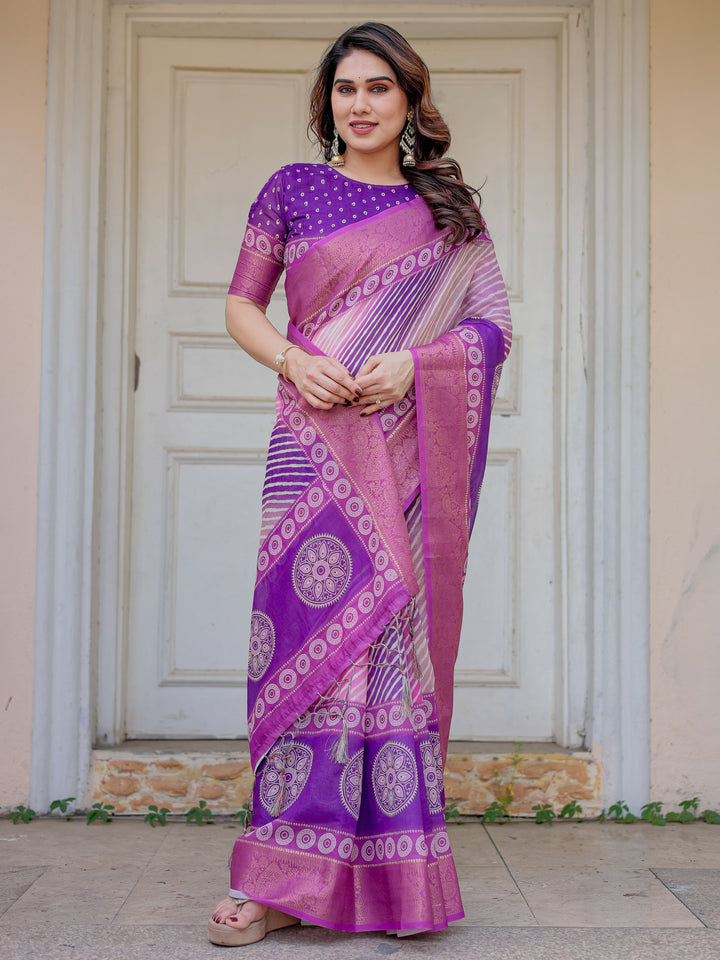Royal Purple & Rani Pink Dual Tone Silk Saree with Gold Zari Circular Motifs, Striped Pallu & Tassels – Festive Traditional Wear