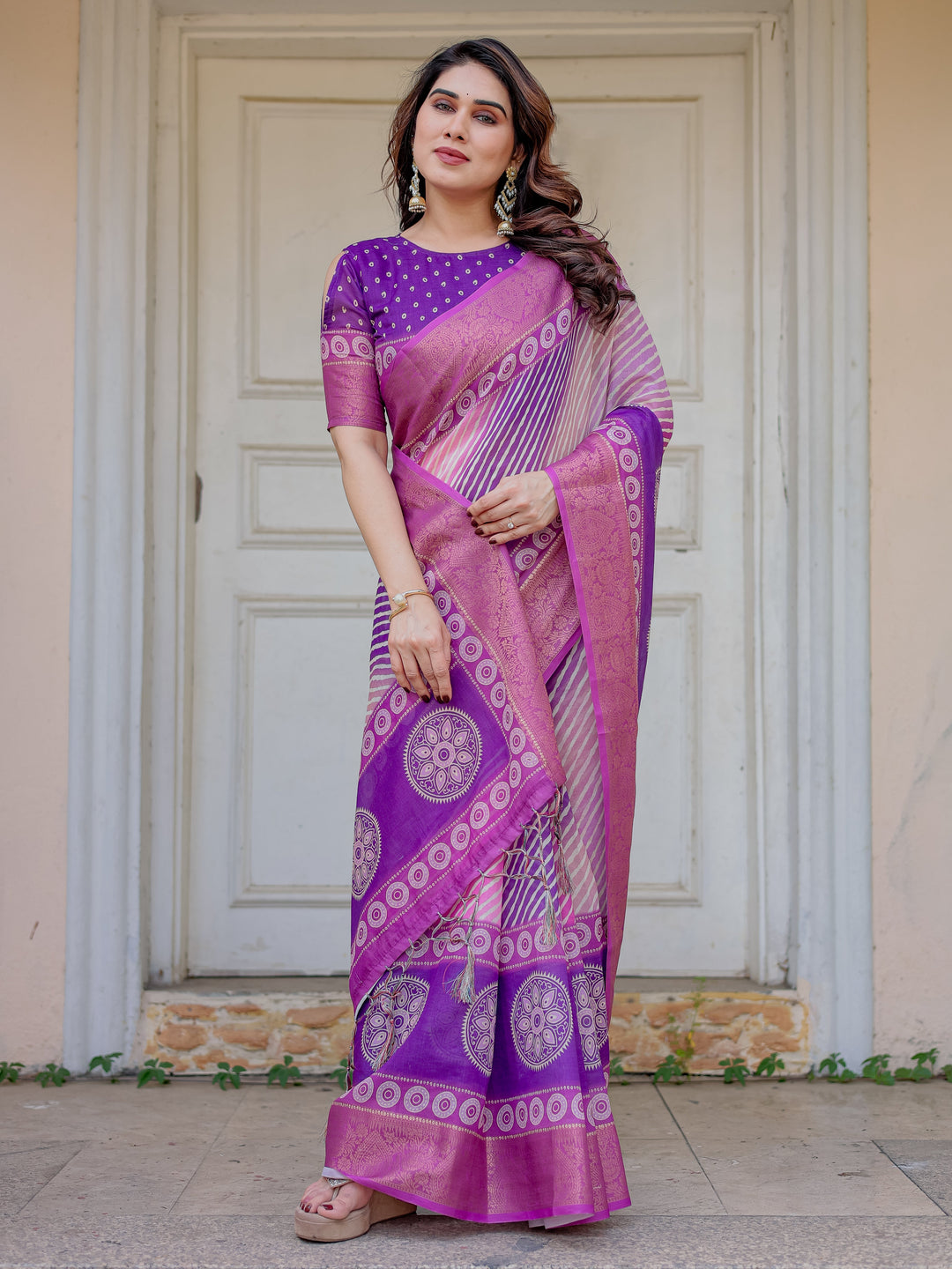 Royal Purple & Rani Pink Dual Tone Silk Saree with Gold Zari Circular Motifs, Striped Pallu & Tassels – Festive Traditional Wear