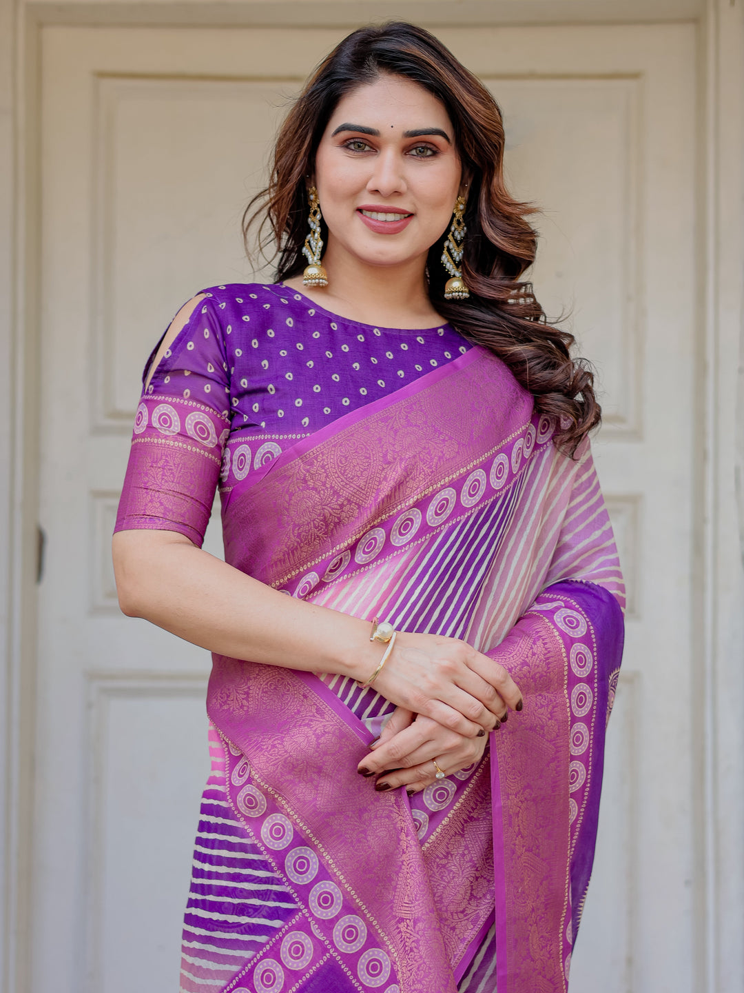 Royal Purple & Rani Pink Dual Tone Silk Saree with Gold Zari Circular Motifs, Striped Pallu & Tassels – Festive Traditional Wear