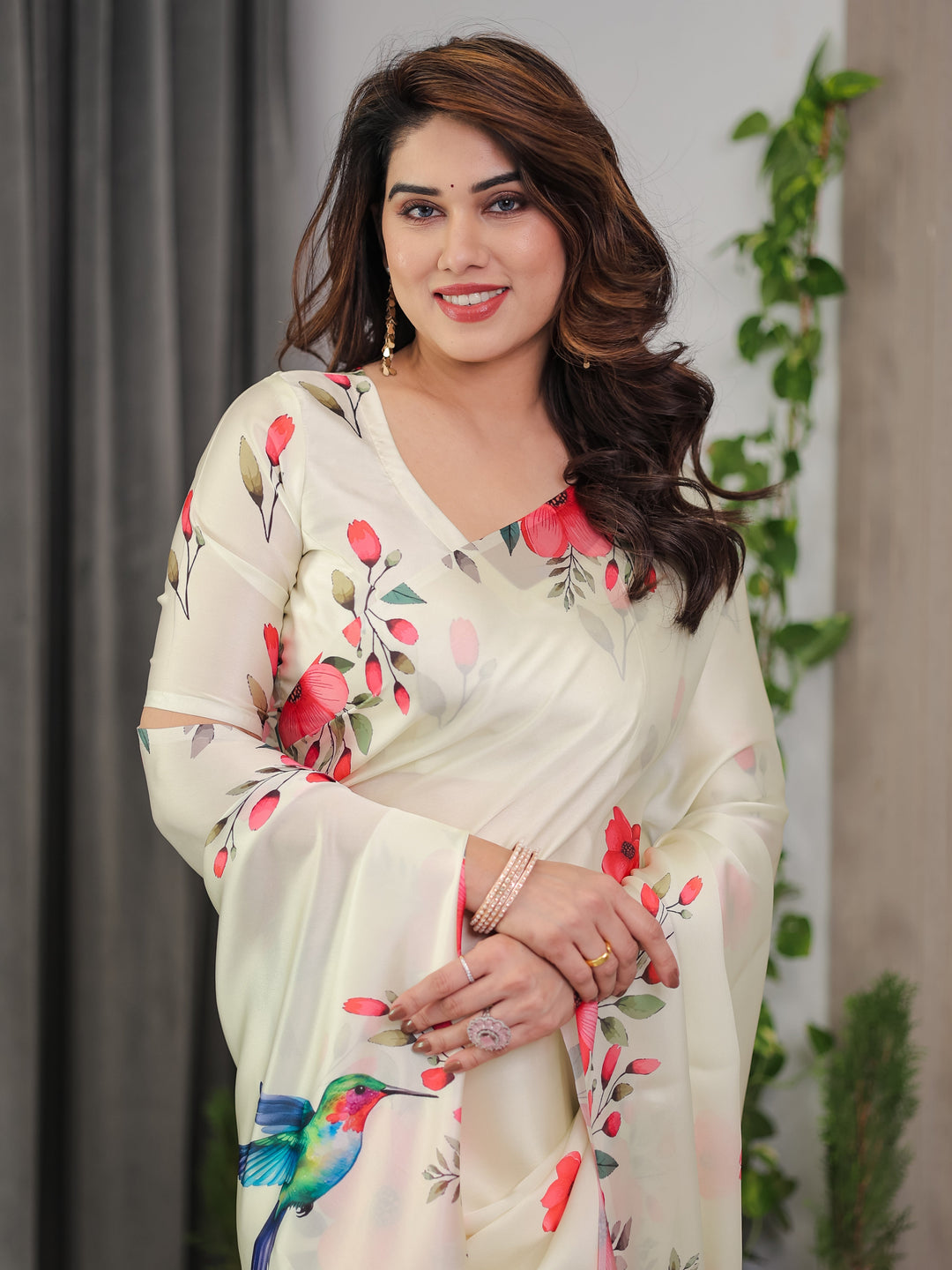 Ivory Cream Satin Georgette Floral & Bird Printed Saree with Attached Blouse – Elegant Nature-Inspired Designer Saree