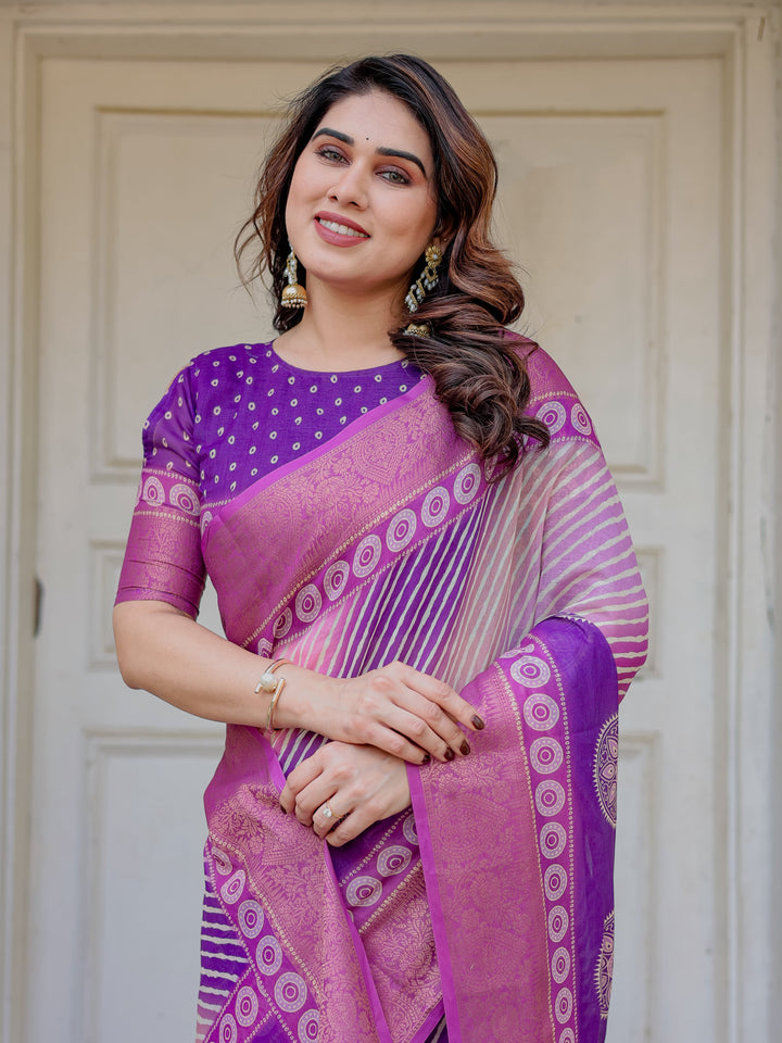 Royal Purple & Rani Pink Dual Tone Silk Saree with Gold Zari Circular Motifs, Striped Pallu & Tassels – Festive Traditional Wear