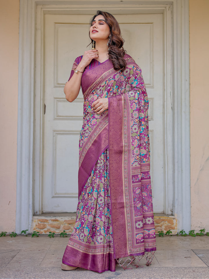 Wine Purple Multicolor Floral Woven Saree with Antique Zari Border & Rich Designer Pallu – Festive Ethnic Wear