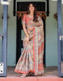Rust Beige Handloom Cotton Saree with Vibrant Elephant Parade Print & Red Floral Pallu