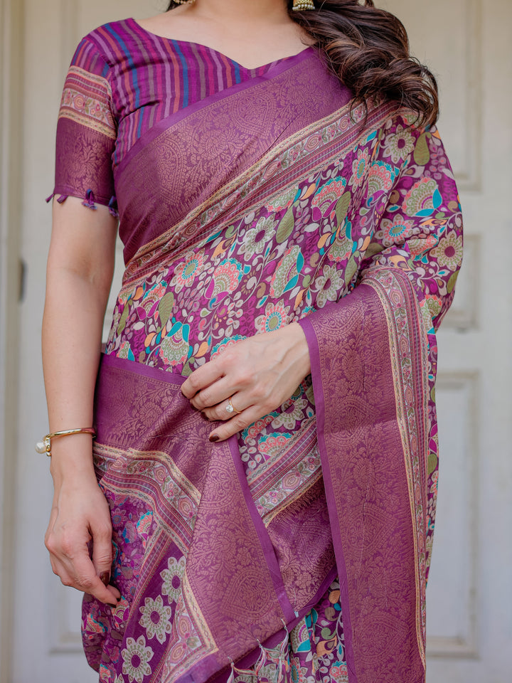 Wine Purple Multicolor Floral Woven Saree with Antique Zari Border & Rich Designer Pallu – Festive Ethnic Wear